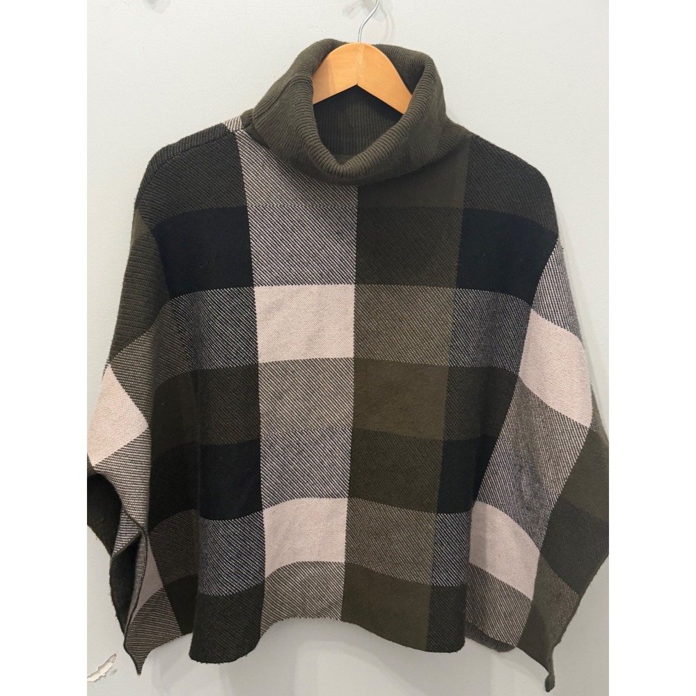 Chicwish Lie In Check Fields Turtleneck Cape Sweater Poncho Army Green Plaid OS